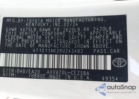 2024 Toyota Camry Se z USA, uszkodzony, nr VIN 4T1S11AK2RU243483